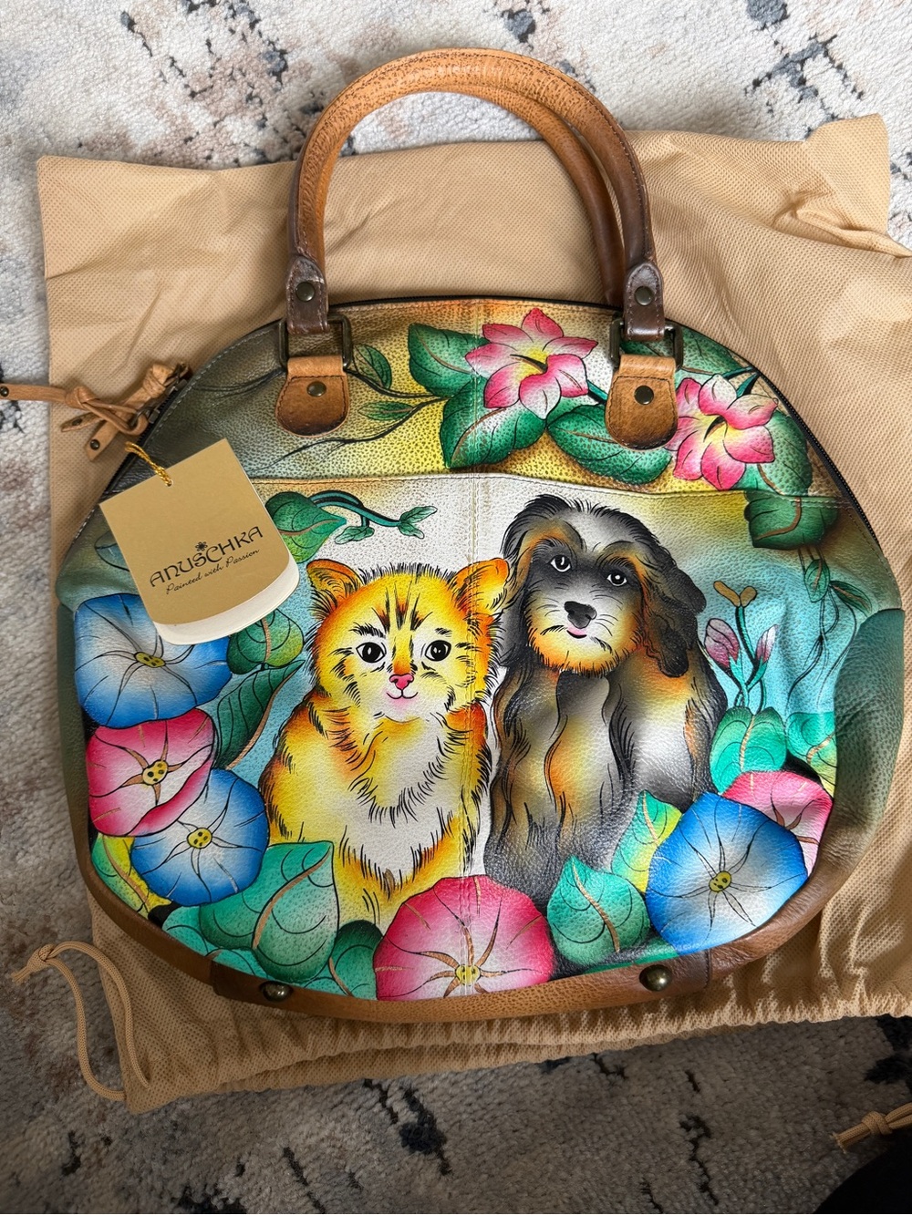 Anuschka Hand-Painted Leather Satchel with Yellow Cat & Black/Brown Dog
